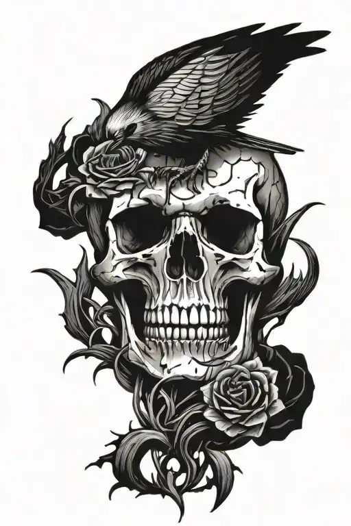 A skull with a crow sitting on top with something in its mouth. I want thorns nearby. It is must dark tattoo design idea