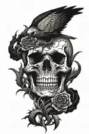 A skull with a crow sitting on top with something in its mouth. I want thorns nearby. It is must dark tattoo design idea