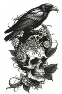 A skull with a crow sitting on top with something in its mouth. I want thorns nearby. It is must dark tattoo design idea