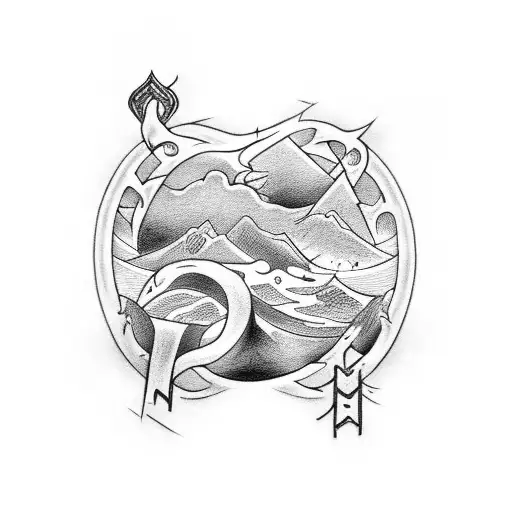 A black-grey tattoo of a fjord surrounded by Norse symbols representing healing and medicine tattoo design idea