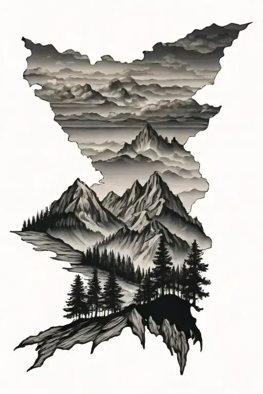 Mountains Fires sky egal Black forest scene tattoo design idea