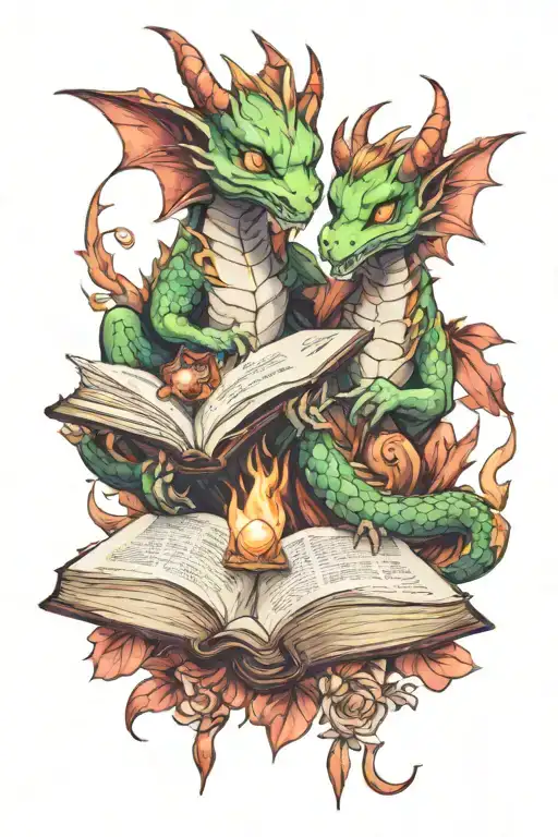 book dragon crystals boy and girl tattoo design idea
