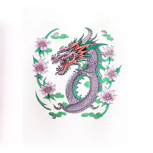 dragon with Spring flowers and a sun tattoo design idea