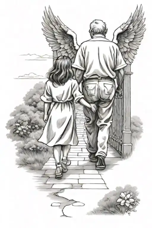 granddaughter and grandpa walking away to heaven gates tattoo design idea