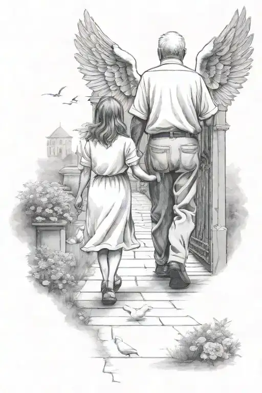granddaughter and grandpa walking towards heaven gates with doves in background  tattoo design idea