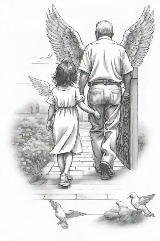 toddler granddaughter and grandpa walking towards heaven gates with doves in background  tattoo design idea