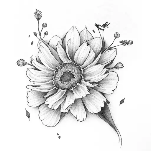 flower arm sleeve with Daffodils, marigolds and cosmos's mixed with vines and leaves tattoo design idea