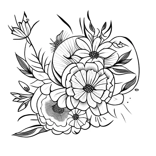 flower sleeve with Daffodils, marigolds and cosmos's mixed with vines and leaves tattoo design idea