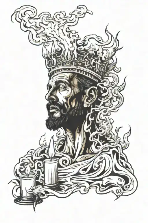 on the botom some burning out candles. a druid from the chest to the head. With some smoke around him, from the candles tattoo design idea