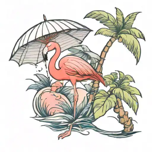 flamingo on an island with a parasol tattoo design idea