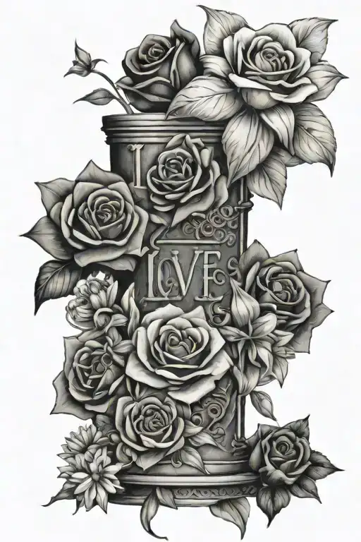 "'LOVE' sculpture on my forearm, surrounded by roses, lilies, and daisies, with a skyscraper  tattoo design idea
