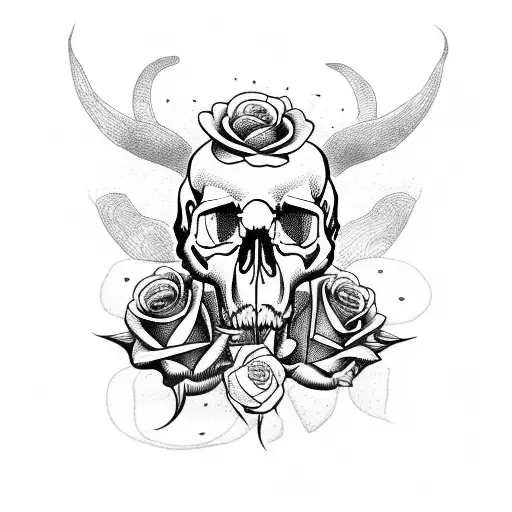 animal skull with roses tattoo design idea