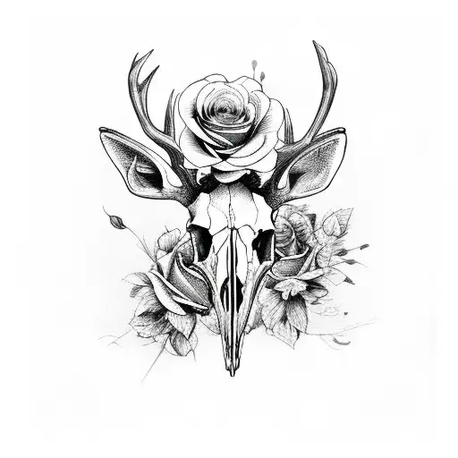 deer skull with with roses tattoo design idea