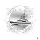 a boat facing forward with different reflection in the water tattoo design idea