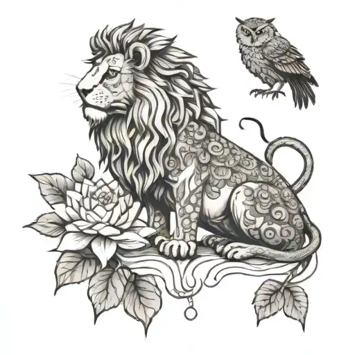hybrid between a lion an owl a manual scale and a lotus  tattoo design idea