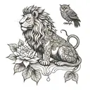 hybrid between a lion an owl a manual scale and a lotus  tattoo design idea