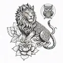 hybrid between a lion an owl a manual scale and a lotus  tattoo design idea