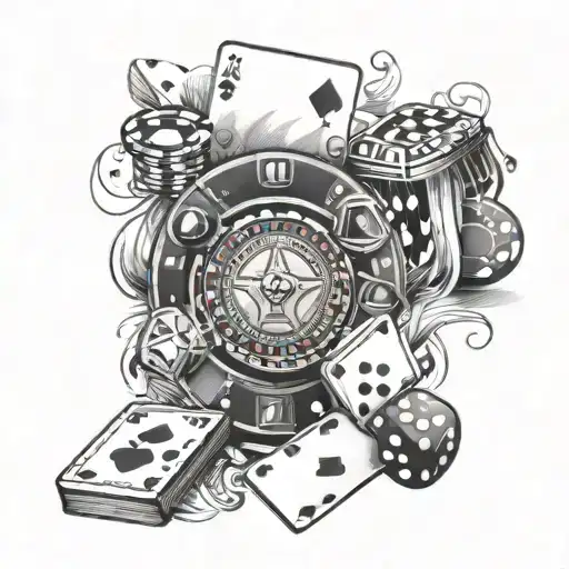 A casino-themed sleeve tattoo with playing cards, dice, and casino chips, incorporating elements of music in the design tattoo design idea