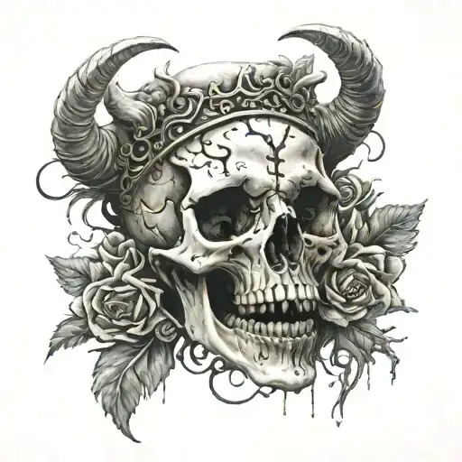 a aries skull and above it a crown melting down on the skull , between the skull and the crown the number 148 will be tattoo design idea