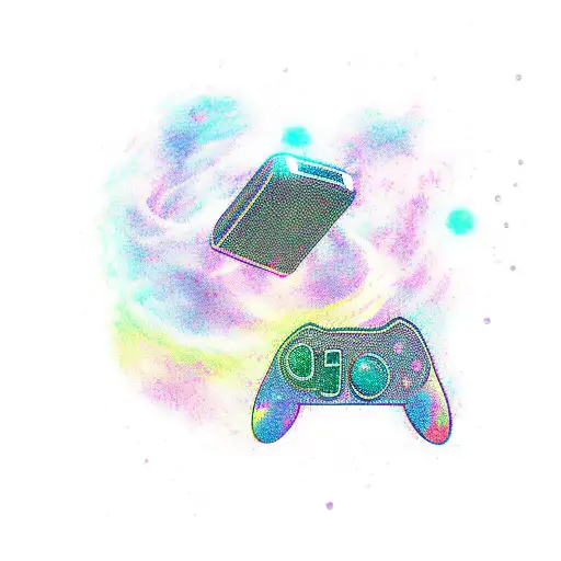 A gamer holding a controller while floating in a nebula tattoo design idea