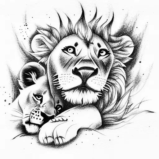 Hakuna Matata with a lion cub wandering in the wild nature, sun, water, sand, ve tattoo design idea