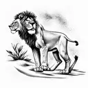 Hakuna Matata with a lion cub wandering in the wild nature, sun, water, sand, ve tattoo design idea