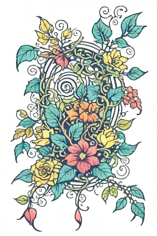 garden scene colourful vines free spirit tattoo design idea