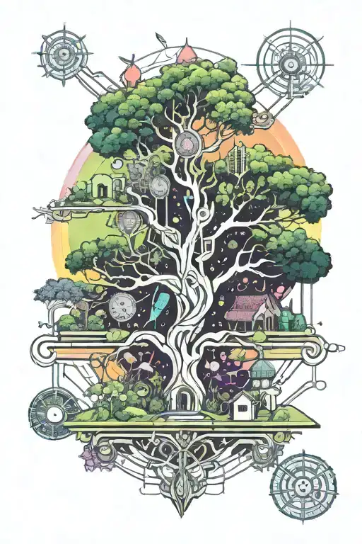 garden scene colourful family tree tattoo design idea