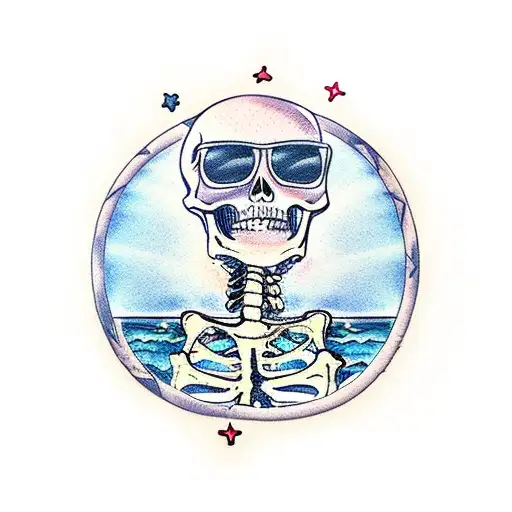 Skeleton at the beach wearing only colorful shorts and sunglasses tattoo design idea
