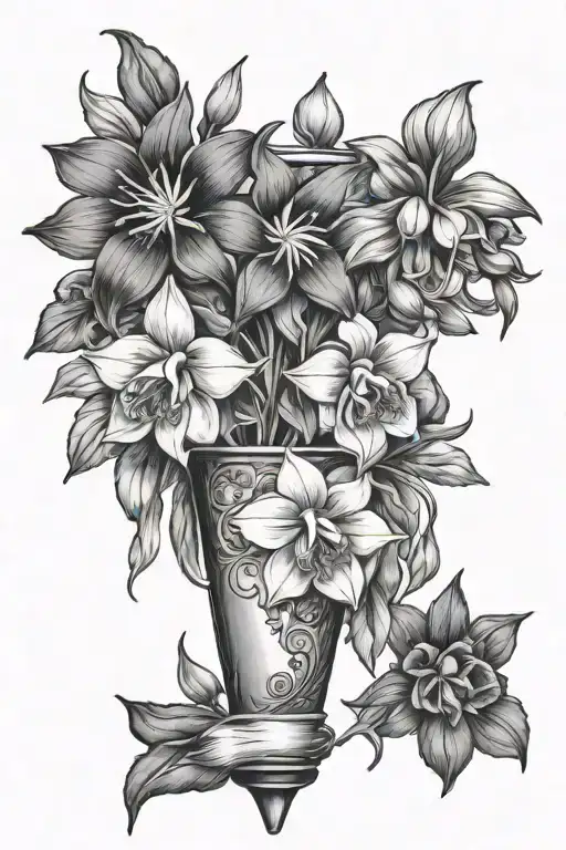 a quiver full of flowers: rocky mountain columbines, bleeding hearts and sunflowrs tattoo design idea