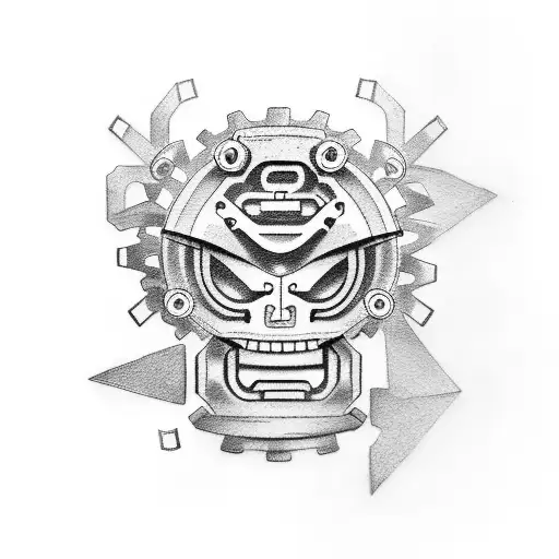 Create a tattoo featuring an Onryō Mask with mechanical gears and cogs tattoo design idea