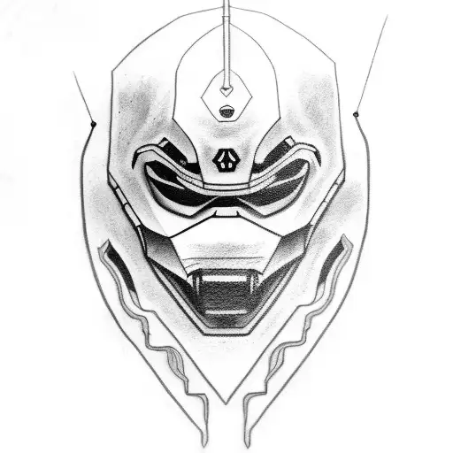 Design a black-grey tattoo of a ronin mask surrounded by airsoft guns tattoo design idea