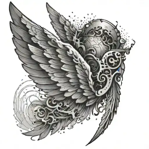 A tattoo design of a broken angel wing being repaired with tattoo needles tattoo design idea
