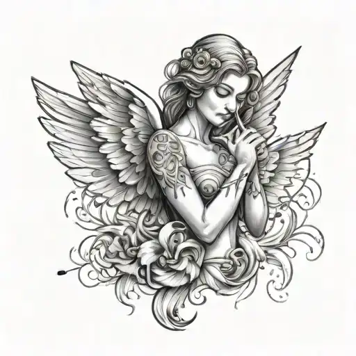 A striking tattoo design of an angel smoking a cigarette, with tattoo needles incorporated into the wings, showcasing your unique blend of interests in smoking and angelic motifs. tattoo design idea