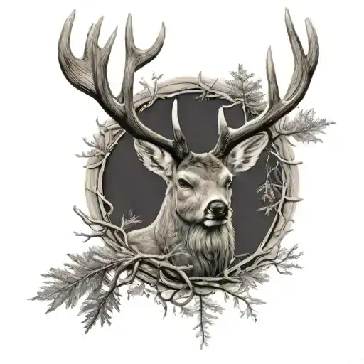 deer head with trees tattoo design idea
