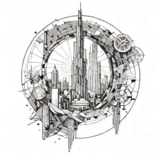 including a small planet earth, something travel related, a clock at the time half past 7, and 30 seconds, burj khalifa tattoo design idea