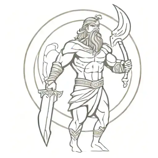 A minimalist design of Tyr, the god of war and justice, holding his sword and shield tattoo design idea