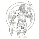 A minimalist design of Tyr, the god of war and justice, holding his sword and shield tattoo design idea