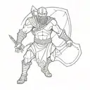 A minimalist design of Tyr, the god of war and justice, holding his sword and shield tattoo design idea