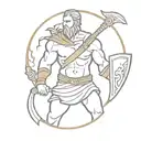 A minimalist design of Tyr, the god of war and justice, holding his sword and shield tattoo design idea