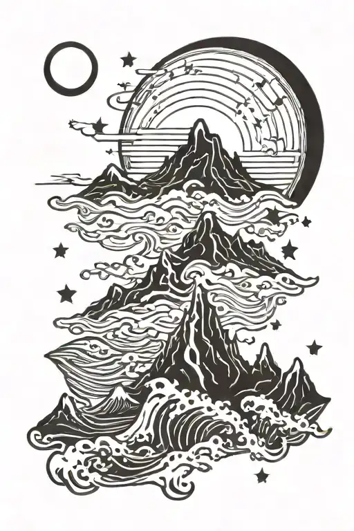 A mountain range silhouette with crashing ocean waves in the foreground, moon and stars tattoo design idea