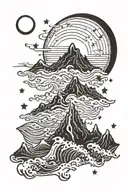 A mountain range silhouette with crashing ocean waves in the foreground, moon and stars tattoo design idea
