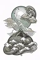 A mountain range silhouette with crashing ocean waves in the foreground, moon and stars tattoo design idea