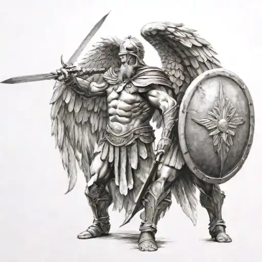 a strong spartan holding a shield & sword who is standing back-to-back w/guardian angel tattoo design idea