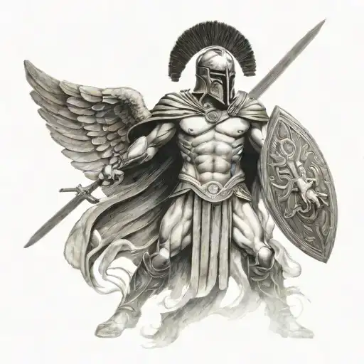 a strong spartan holding a shield & sword who is standing back-to-back w/guardian angel tattoo design idea