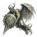 Dagger with dragon wrapped around it, & a strong spartan holding a shield & sword who is back-to-back w/guardian angel tattoo design idea