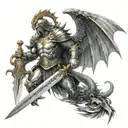 Dagger with dragon wrapped around it, & a strong spartan holding a shield & sword who is back-to-back w/guardian angel tattoo design idea