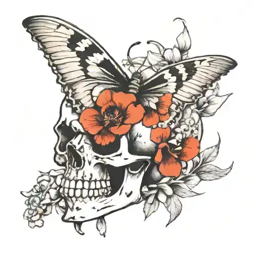 butterfly snap dragons skull tattoo design idea