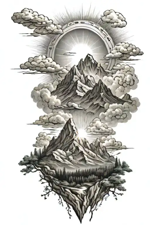 scenic mountain landscape with sun rays and clouds tattoo design idea