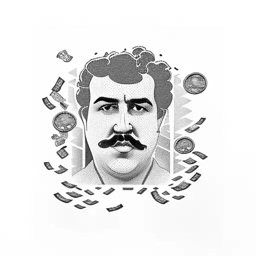 Pablo Escobar's silhouette surrounded by money and drugs tattoo design idea